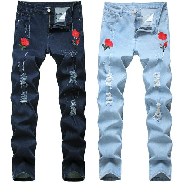 

rose embroidered jeans for men designer fashion skinny pencil pants holes blue denim pants jeans for spring autumn