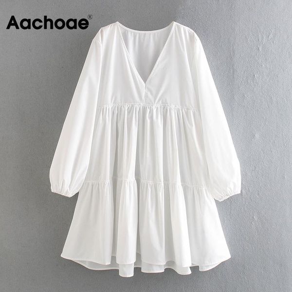 

aachoae elegant a line white mini dress women lantern long sleeve loose casual dress female chic pleated dresses vestidos, Black;gray