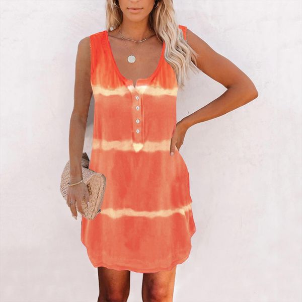 

korean vintage tank tie dye women dress o neck summer casual sleeveless loose tee with button dresses for, Black;gray
