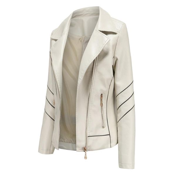 

women's leather & faux female autumn pu jackets women stripe outerwear pocket zipper coats slim motor biker femme oversized clothing, Black