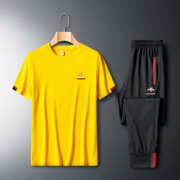 

spring streetwear soid summer elastic mens tracksuits brand casual embroidered sport suit short sleeve two piece set clothes, Gray