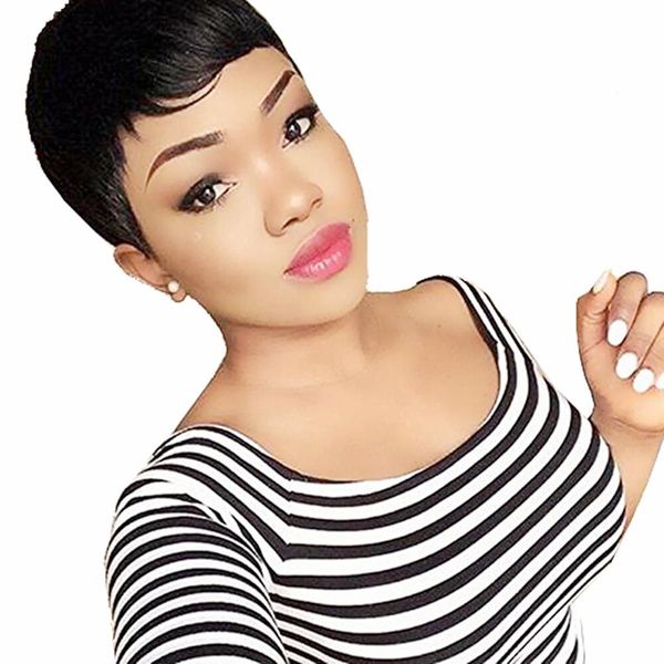 

short human brazilian hair 150% density pixie cut wigs for black women humanhair machine made none lace front wig, Black;brown