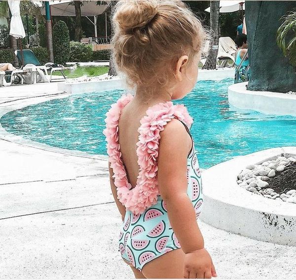 

women's swimwear baby girls watermelon printed backless bikini ruffle neck one-piece bathing suit floral ages 0-6 years old, White;black