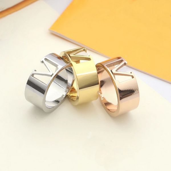 

europe america fashion style rings men lady womens gold/silver-color metal engraved hollow out v initials 18k gold plated lovers signature c, Slivery;golden