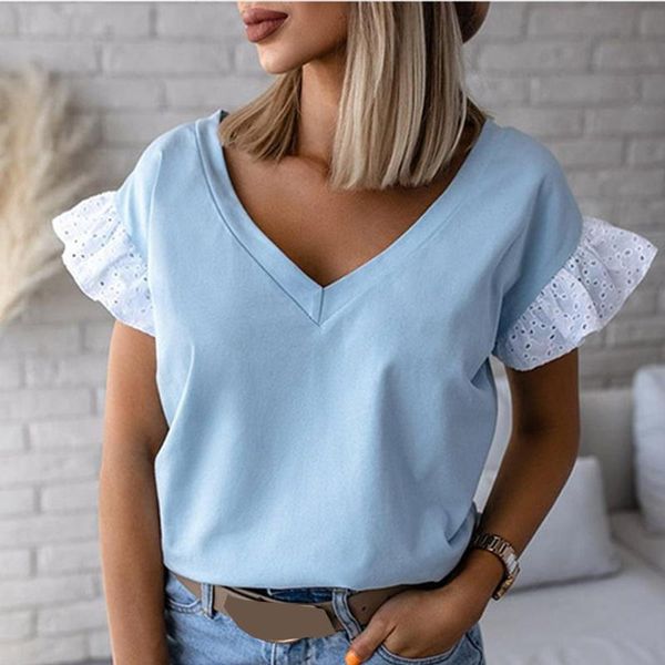 

women's t-shirt plus size 3xl ruffles short sleeve t-shirts women solid v-neck loose elegant all-match 2021 summer casual ladies top, White