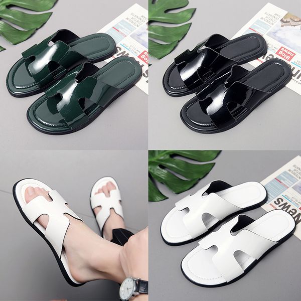 

luxury genuine leather slipper men h brand designer rubber slides fashion beach flat sandals shiny slippers black white green outdoor home f