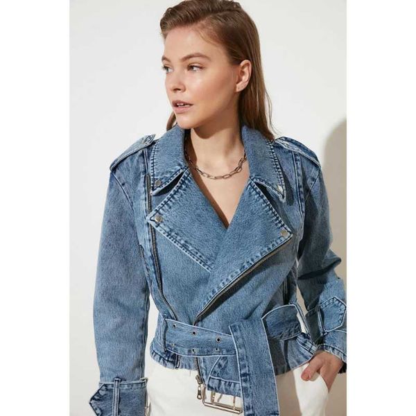 

women's jackets blue zippered waist belt denim jacket, Black;brown