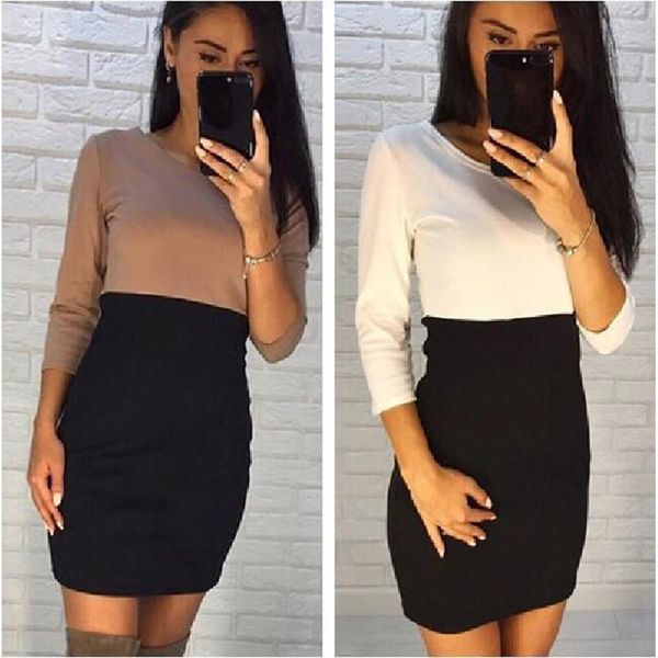 

casual dresses spring and autumn bodycon package hip long sleeve women's mini dress 2021 o neck slim color matching ladies, Black;gray