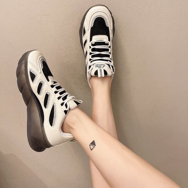 

dress shoes women chunky leather sneakers mesh colors mixed rainbow cross-tied fashion platform lady casual handcrafted shoes 2sue, Black