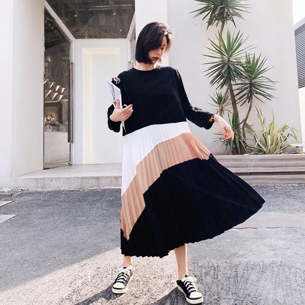 

maternity dresses 2021 autumn loose stitching color matching long-sleeved pleated dress plus size knitting pregnant women maxi dress1, White