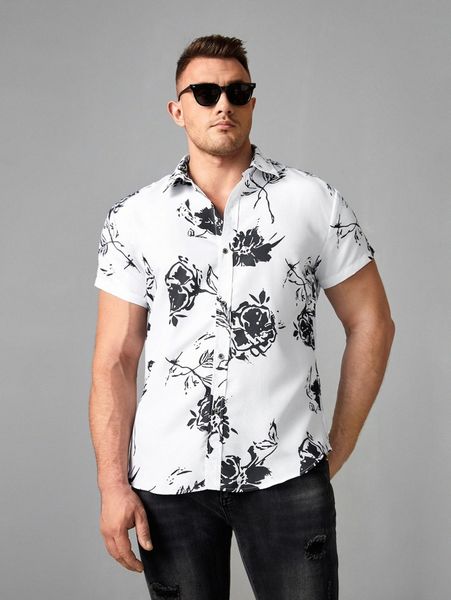 

extended sizes men random floral print shirt b9tp#, White;black