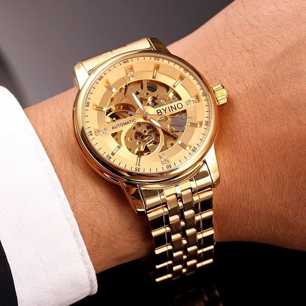 

mechanical watchwatch men's automatic hollow out waterproof leisure fashion steel belt, Slivery;brown