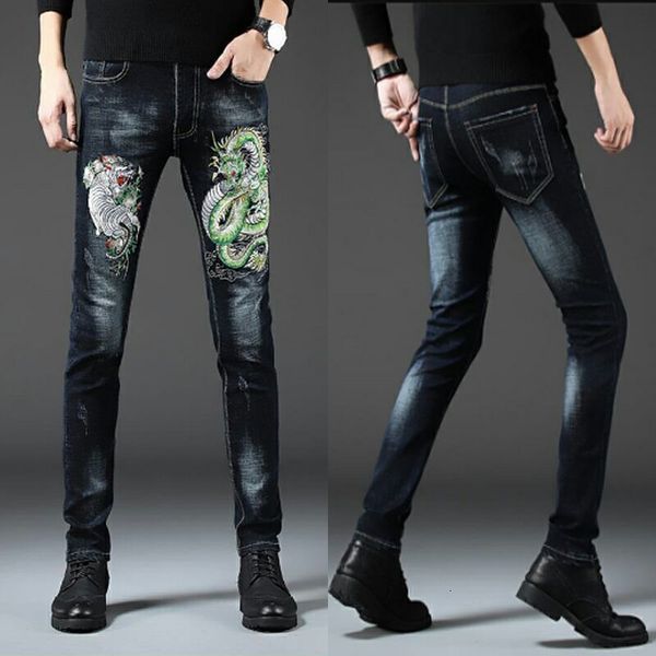 

slim jeans stretch feet hole embroidery net red the same men's pants animal tiger snake pattern embroi 14k2, Blue