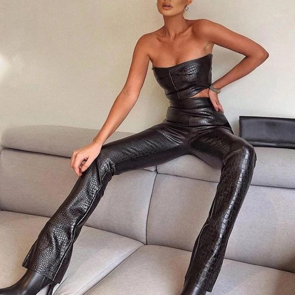 

women's tracksuits pu leather fashion strapless crop and long pants two piece sets club party outfits matching set spring, Gray