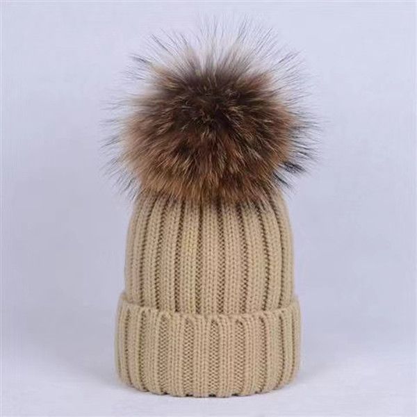 

new fashion winter caps hats women bonnet thicken beanies with real raccoon fur pompoms warm girl caps pompon beanie ing, Blue;gray