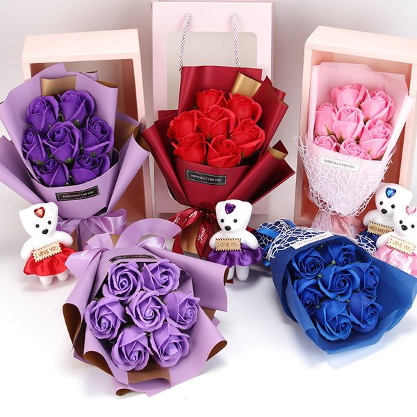 7 pçs / set Soap Flower Presente Dia dos Namorados Dia da mãe do dia de mãe com urso e um pacote de varejo