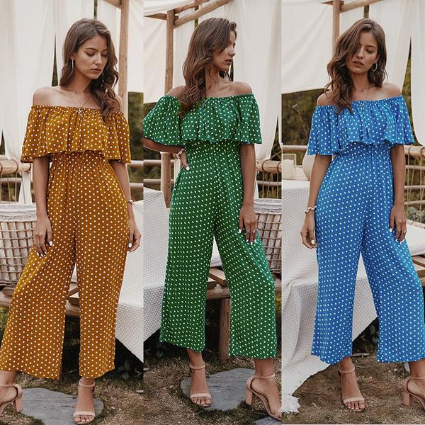 

women's jumpsuits & rompers summer off shoulder wide leg women casual long trousers overalls short sleeve polka dot boho jumpsuit pants, Black;white