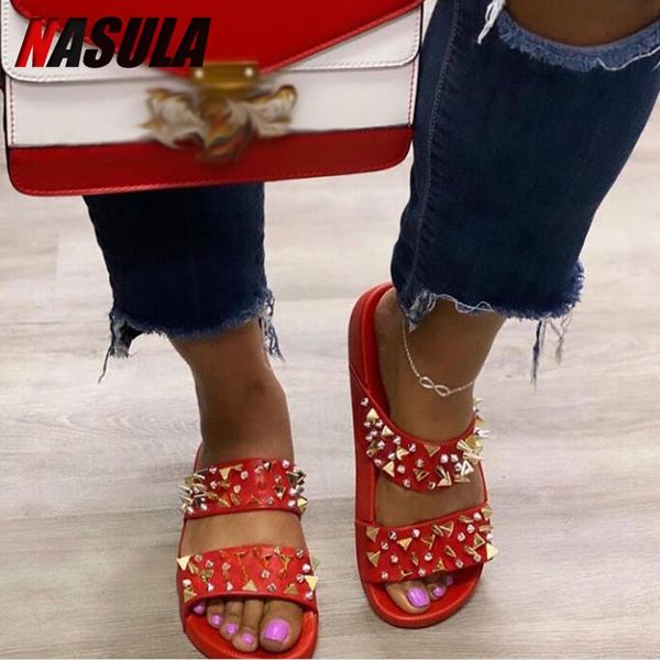 

slippers nasula women rivet cool sandals shoes summer slides ladies pu beach comfort woman 2021 female casual zapatos, Black