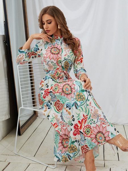

floral print belted shirt dress l8l1#, Black;gray