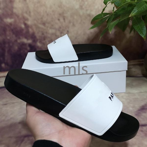 

with box 2021 paris sliders mens womens summer sandals beach slippers ladies flip flops loafers blue white red green slides chaussures shoes, Black