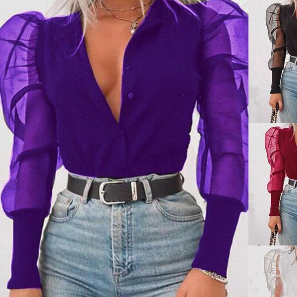 

new fashion women button down v neck blouses sheer puff sleeve tee blouse slim fit ladies party club wear, White