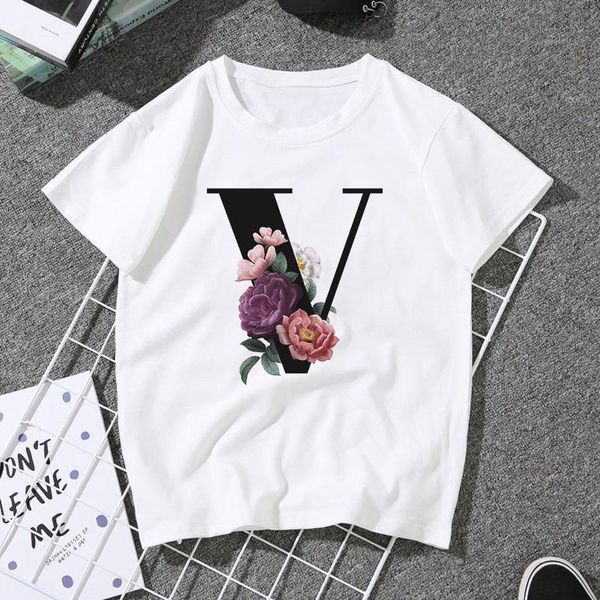 

vogue t shirts for women summer short sleeve alphabet v floral letter print aesthetics tshirts girls t-shirts streetwear, White