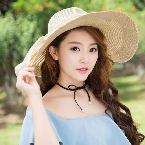 

wide brim hats the summer big straw hat sun floppy bowknot folding beach cap support wholesale women's, Blue;gray