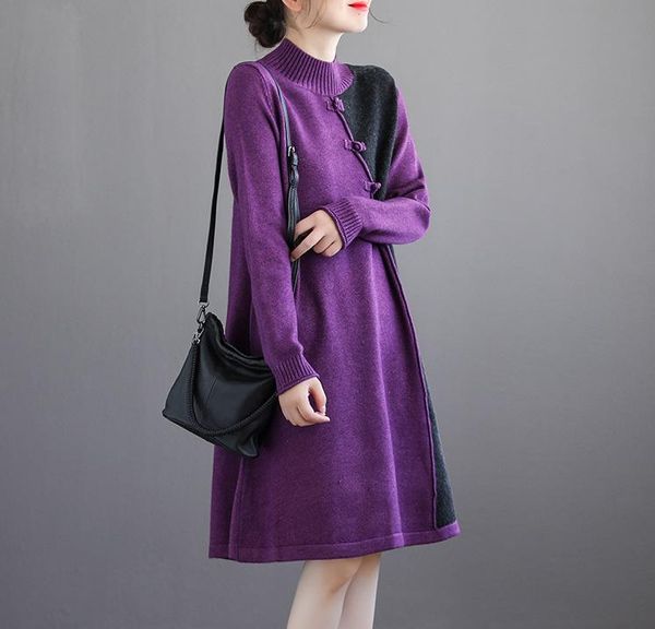 

casual dresses autumn winter women patchwork loose female knit a-line knee-length clothing fashion, Black;gray