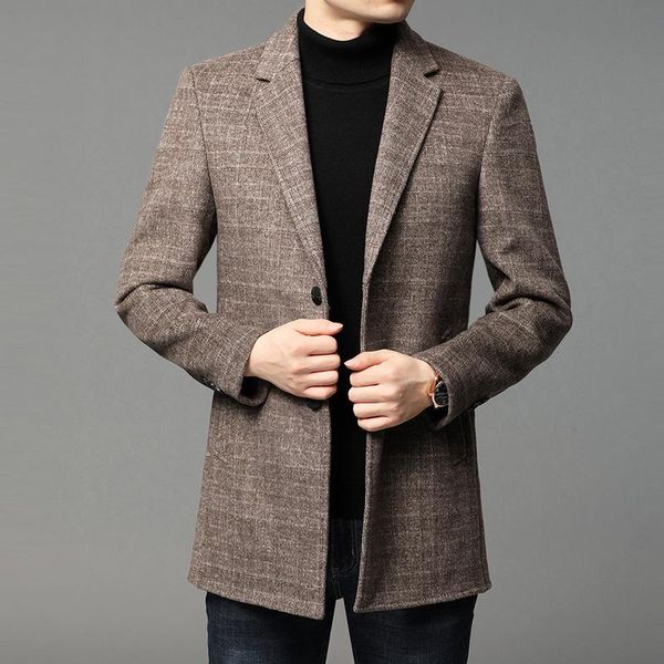 

thickening in the men's winter long young and middle-aged high-end suit brought cloth coat dust coat button your, Black