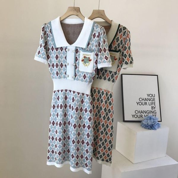

casual dresses small fragrance summer knitting dress women elegant slim bottoming four-leaf clover jacquard thin sweater robes vestidos, Black;gray