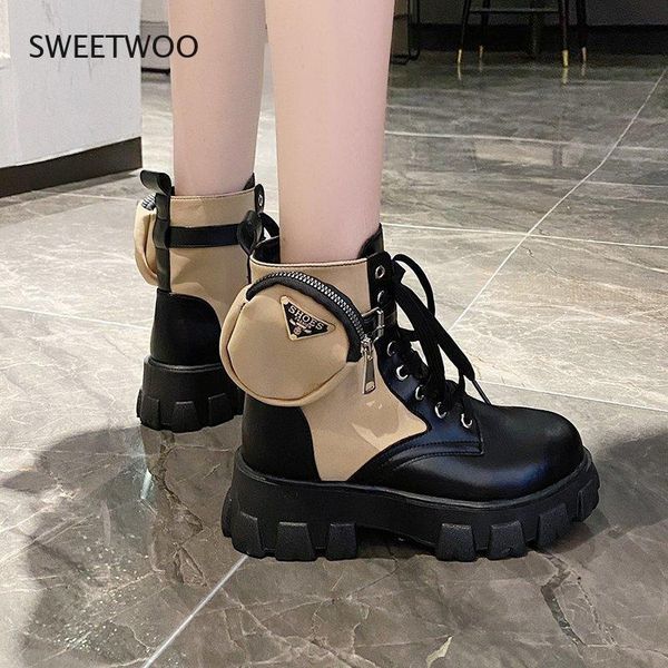 

boots 2021 black khaki platform combat and ankle women's lace buckle straps shoes winter large size