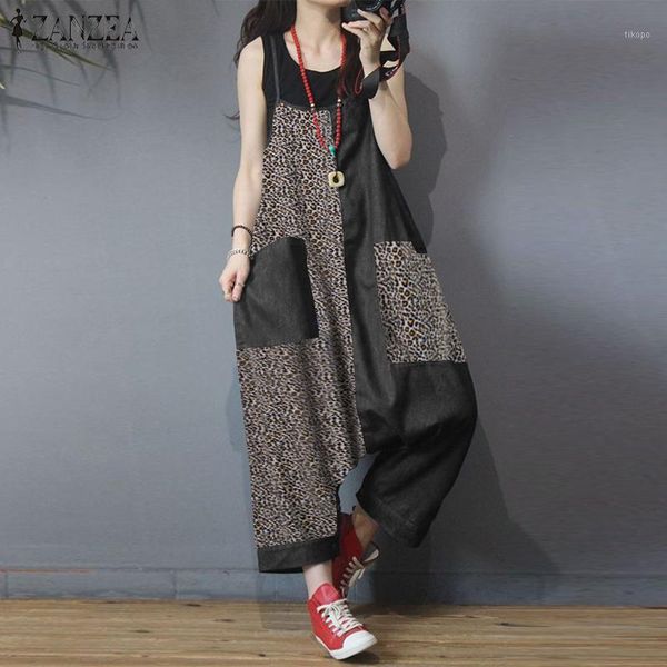 

women's jumpsuits & rompers women's casual long summer leopard print overalls fashion drop crotch women strapps patchwork dungaree, Black;white