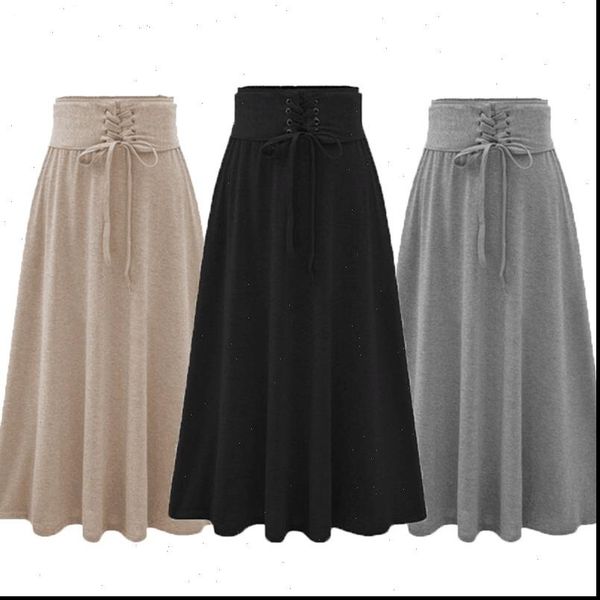 

zogaa high waist bandage pleated long skirts womens elastic waist plus size a line hip slim long loose cotton skirts, Black