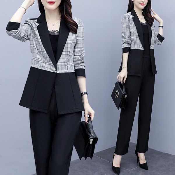 

women's two piece pants 2 office set women and contrast plaid jacket&pants ensemble femme deux pieces, White
