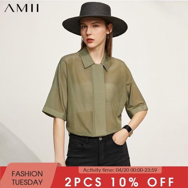 

amii minimalism luxury women's summer shirt causal lapel solid silk loose female blouse fashion thin 12170147 blouses & shirts, White