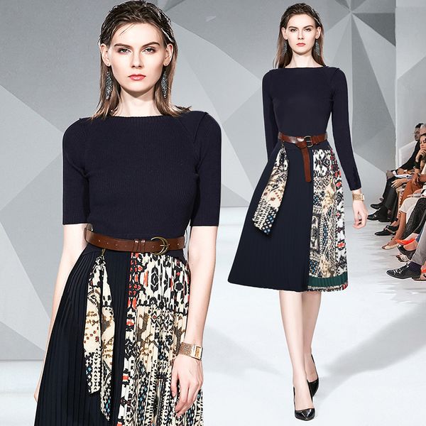 

2021 new vintage pullover sweater patchwork printing pleated autumn winter women long sleeve knitted sashes office midi 7rne, Black;gray