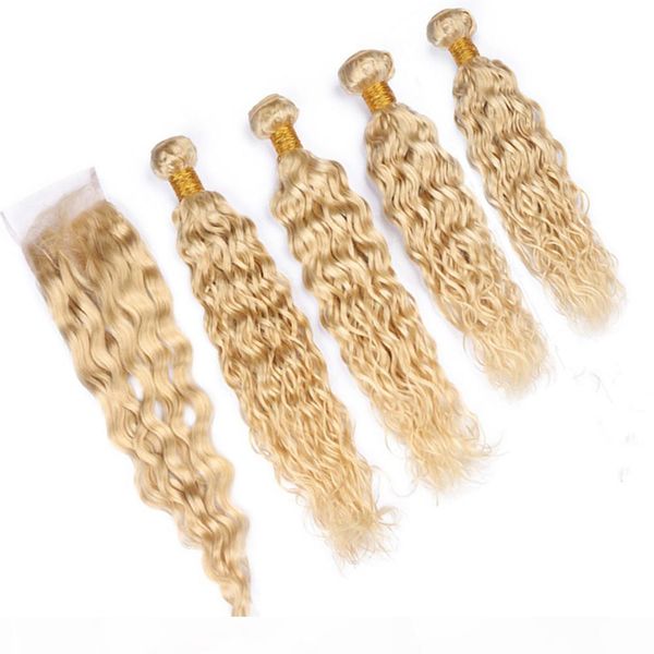 

wet and wavy brazilian blonde virgin hair bundles deals 4pcs with closure 5pcs lot water wave #613 blonde 4x4 lace closure with weaves, Black