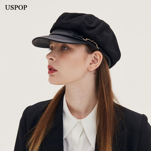 

2021 new winter women octagonal hat vintage wool hats patchwork leather brim newsboy caps warm cap visor  l w81i, Blue;gray