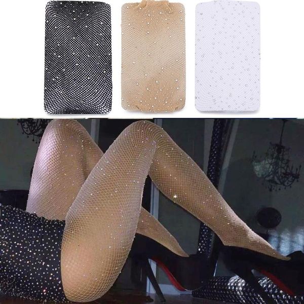 

socks & hosiery 1pc women's glitter fishnet tights open crotch mesh pantyhose shiny rhinestone lady nylons footed stockings, Black;white