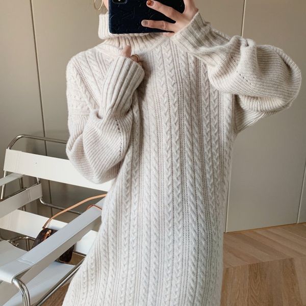 

2021 new solid color high neck long wool thick loose twist over the knee sweater skirt for fall and winter women uj6w, Black;gray