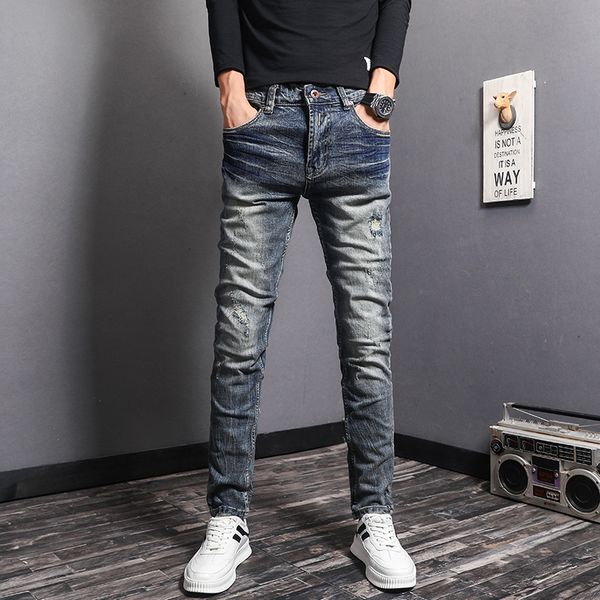 

2021 new fashion streetwear men jeans elastic slim fit retro blue ripped denim pants italian vintage designer casual cotton long trouse bf2y