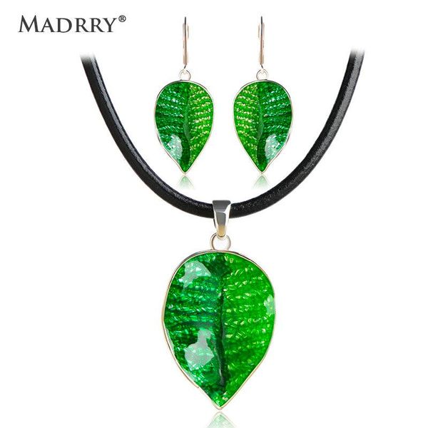 

earrings & necklace madrry summer green leaves enamel jewelry sets for women girls pendant and leather chain brincos feminino, Silver