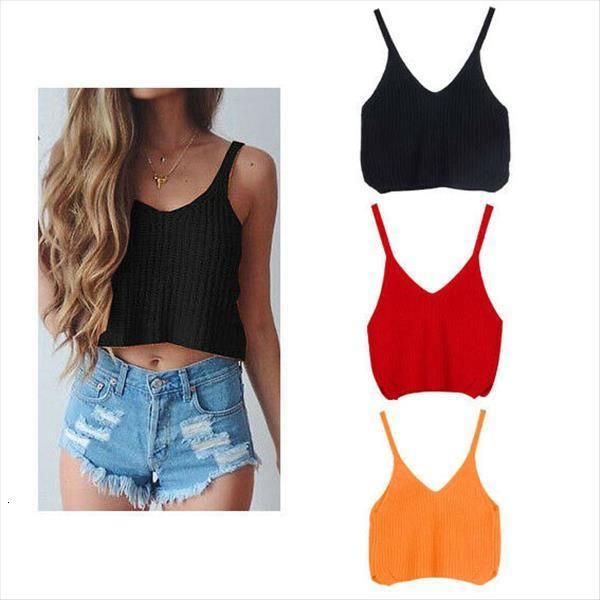 

solid womens sleeveless v neck crochet knitted short t shirt boho camis crop casual holiday beachwear white orange red black