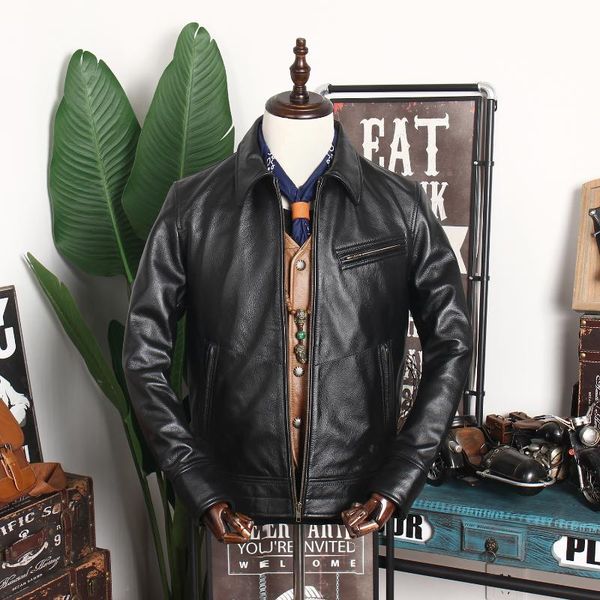 

men's leather & faux special welfare casual lapel jacket layer cowhide autumn and winter single coat, Black