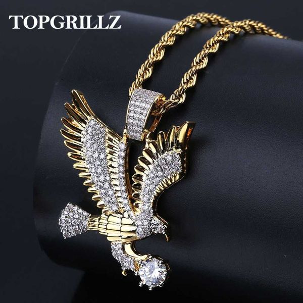 

rillz hip hop gold color plated copper iced out micro paved cz eagle pendant necklace men charm jewelry three style chains x0707, Silver