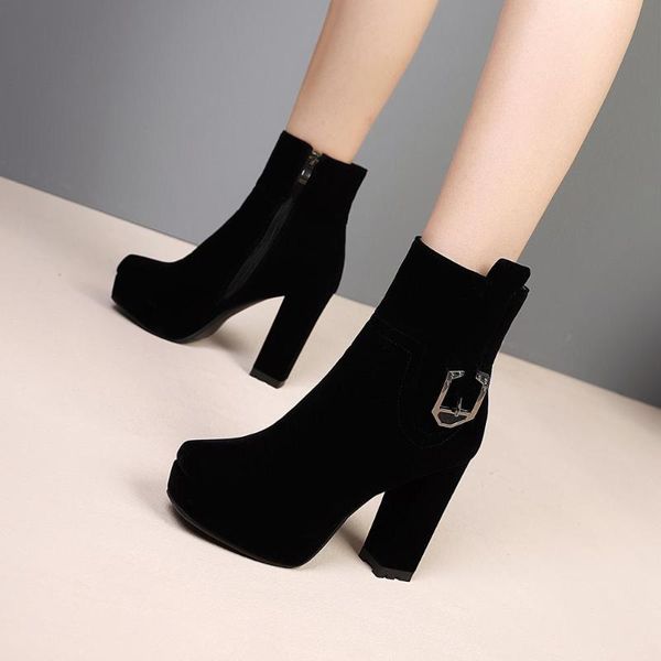 

boots kickway autumn winter women faux suede block heels ankle 2021 heeled booties female casual 43, Black