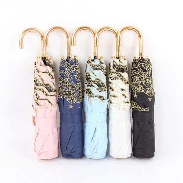 

umbrellas super light 3 folding handle women's umbrella golden curved embroidered rain women windproof female girl parasol