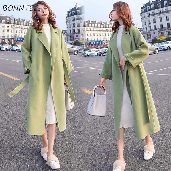 

blends women solid winter outwear pockets open stitch korean style long coat harajuku womens adjustable waist chic1, Black