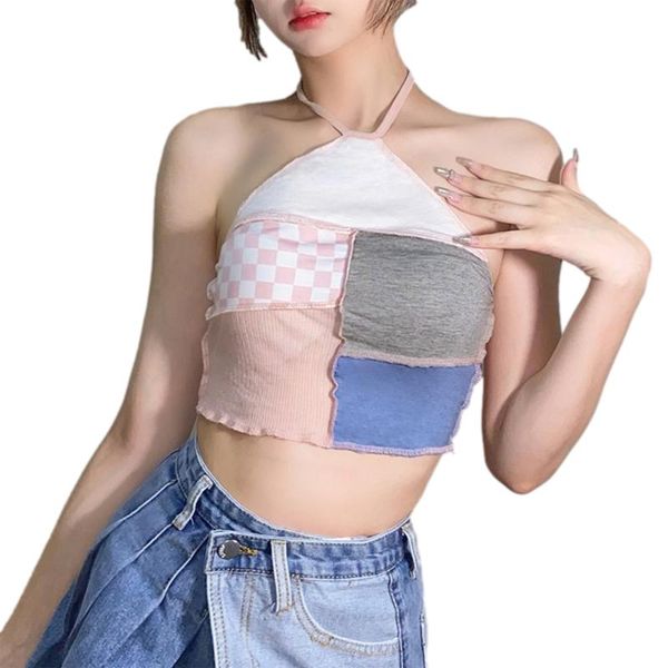 

women's tanks & camis ladies summer midriff-baring camisole, girls plaid splicing hanging neck tie up sleeveless backless base shi, White
