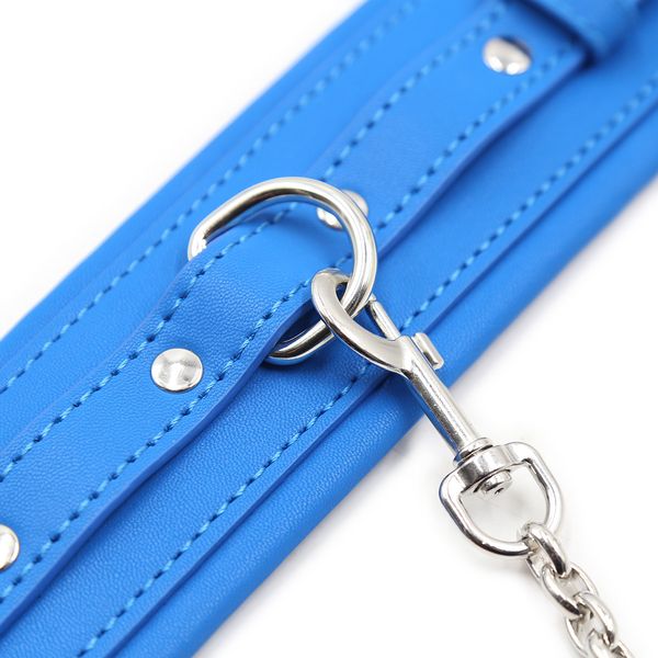 

blue leather bondage handcuffs erotic accessories with metal chain for couples flirting to wrist restraintsexyy costumes for sexy